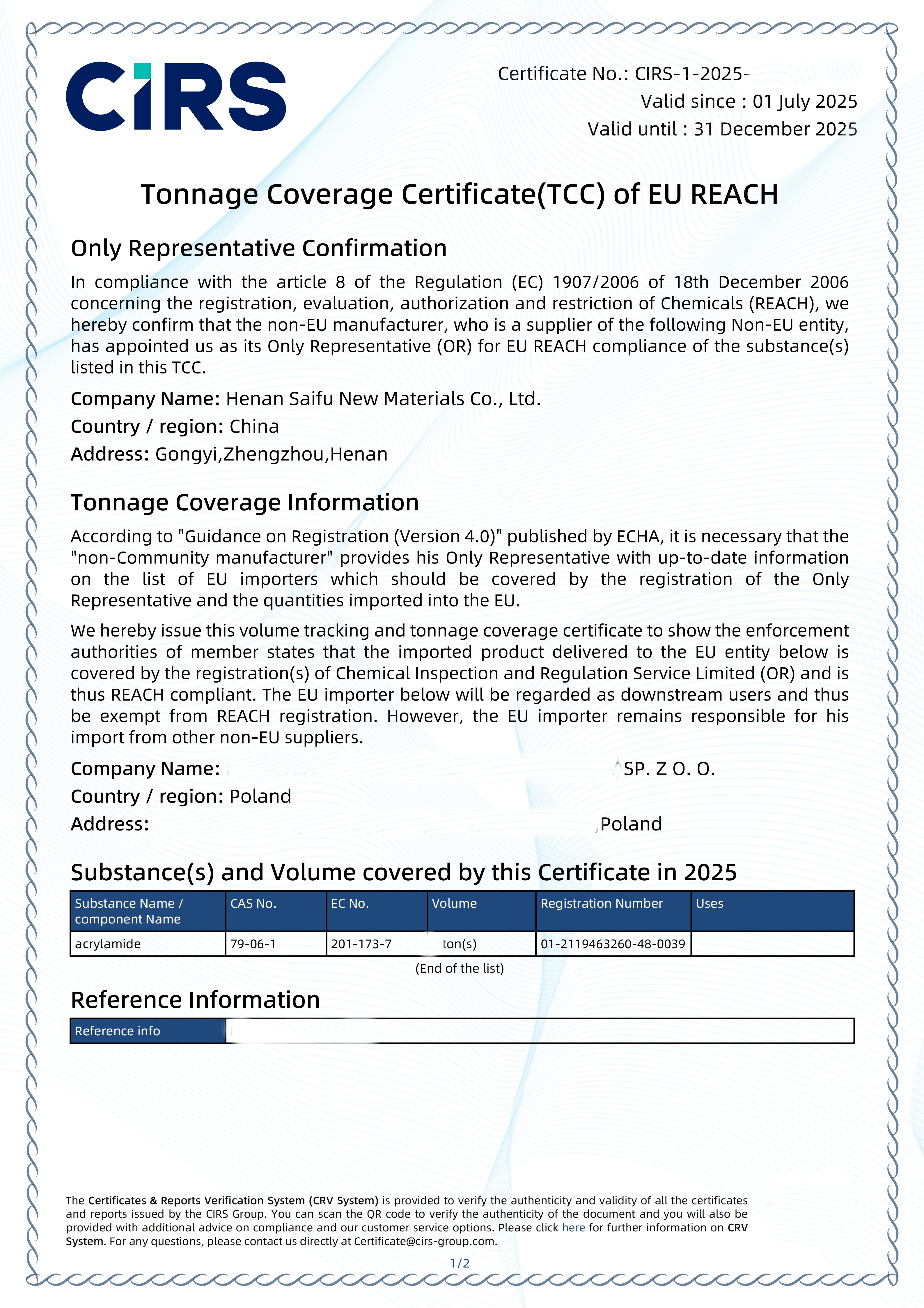 REACH Compliance Matters for Polyacrylamide Export to Europe; Our company has the necessary qualifications and export experience to ensure smooth imports for customers in the European market. For more information, please contact: +8615837197751 WhatsApp & WeChat